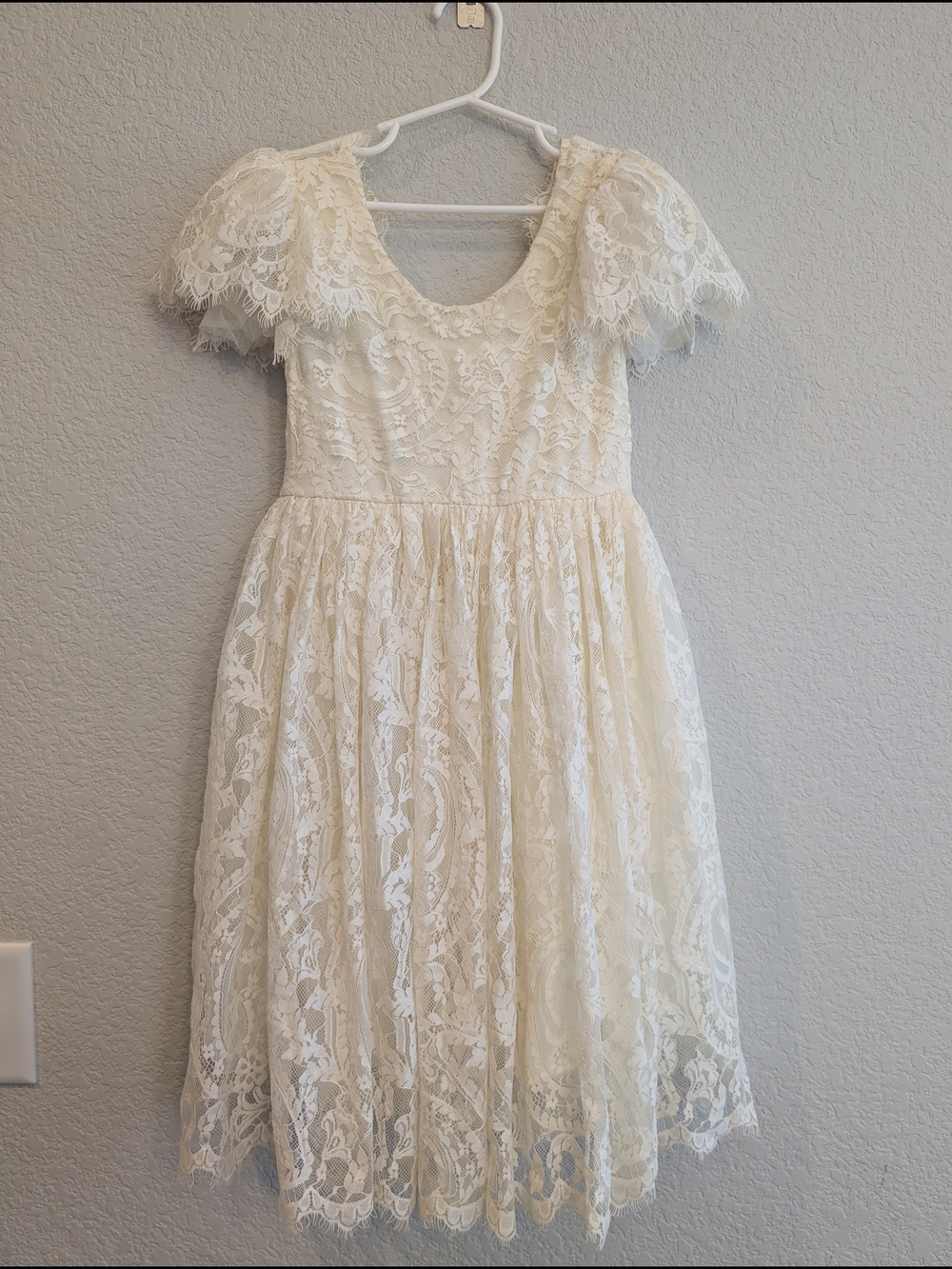 Ivory Lace Short Sleeve Fit-and-Flare Girl's  Sz 7 Party Formal Dress